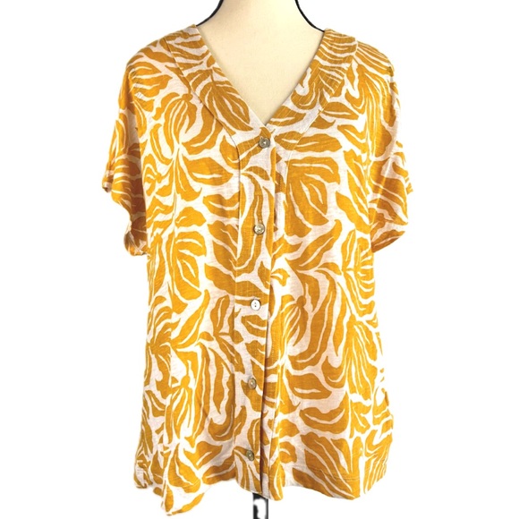 Nicole Miller Tops - Nicole Miller Linen Blend Button Down Tropical Print Short Sleeve Summer Top XL